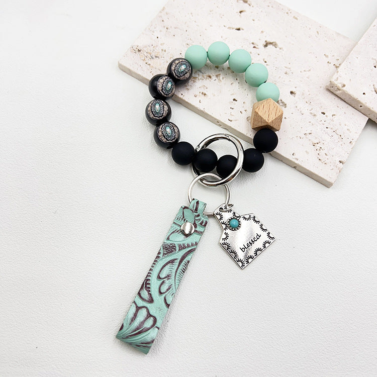 Wholesale Western Wood Beads Handmade Beaded Genuine Leather Embossed Wrist Keychain